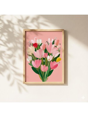 Ninastore Pembe Lale Sevgililer Günü Duvar Sanatı Çiçek Buketi Illüstrasyonu Romantik Bahar Çiçekleri Baskısı