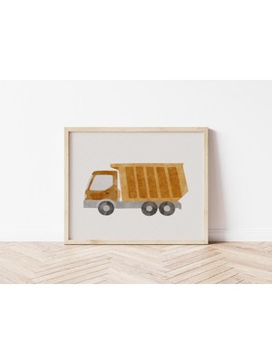 Ninastore Minimalist Dijital Poster: Çocuk Odası Için Damperli Kamyon ve Mikser - Inşaat Temalı Çocuk Odası Du