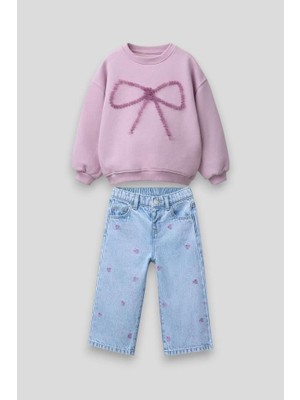 Magu Kız Çocuk Pamuklu Pembe Fiyonk Nakışlı Sweatshirt ve Desenli Jean Pantolon Takım