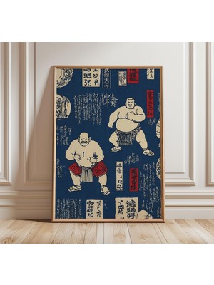 Ninastore Sumo Güreşçileri Japon Sanat Baskısı Çivit Mavisi Tekstil Poster Geleneksel Ukiyo-E Tarzı Duvar Sana