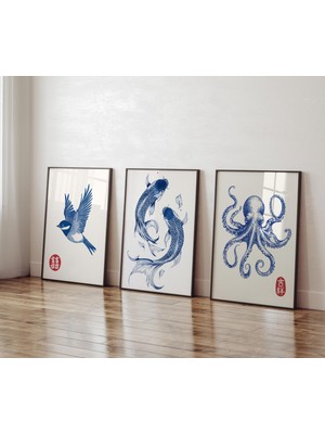 Ninastore 3'lü Japon Baskı Seti: Japon Duvar Sanatı, Japon Posteri, Mavi Koi Balığı Baskısı, Mavi Ahtapot Bask
