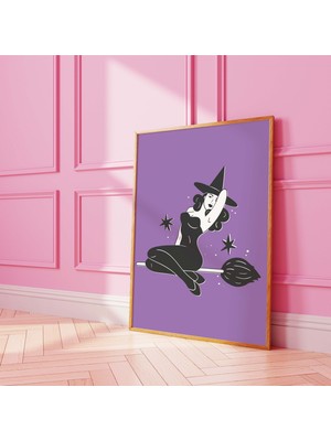 Ninastore Cadı Pin-Up Baskısı | Dijital Sanat Indirme | Sevimli Mor Cadılar Bayramı Duvar Dekoru | Trend Cadıl