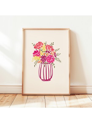 Ninastore Pembe Çiçekli Vazo Baskılı Natürmort Soyut Botanik Poster, Eğlenceli Duvar Sanatı Dekorasyonu, Çerçe