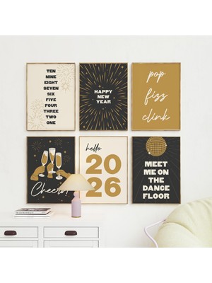 Ninastore 6 Parçalı Yılbaşı Gecesi Duvar Galerisi Seti | Dijital Sanat Indirme | Siyah ve Altın Yılbaşı Baskıl