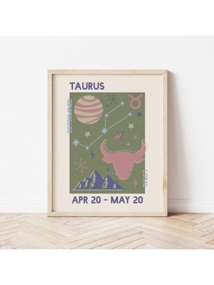Ninastore Boğa Burcu Baskılı Dijital Sanat Eseri Indirme Trend Astroloji Posteri Yeşil Retro Duvar Sanatı Burç