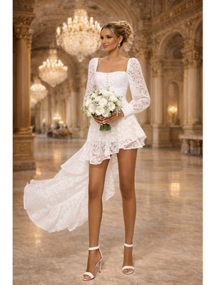 GILLA'S QUEEN Gılla's Queen Kadın Beyaz Asimetrik Etekli Dantel Romantic Yılbaşı Yeniyıl Tasarım Elbise