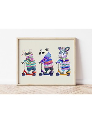 Ninastore Scooter Hayvanları Çocuk Odası Sanat Baskısı: Koala Panda Zebra (Dijital Indirme)