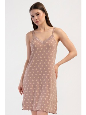 Vienetta Kadın Büyük Beden Ince Askılı Dantel Detaylı Toz Pembe Gecelik Tunik C5T9N2904