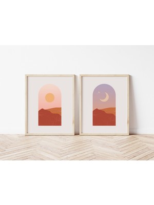 Ninastore Çöl Güneşi ve Ay Baskıları (2 Adet) Dijital Sanat Eseri Indirme | Modern Gün Doğumu ve Ay Soyut Yazd