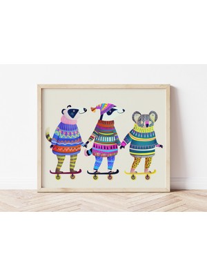 Ninastore Kaykay Yapan Hayvanlar Sanat Baskısı: Koala ve Porsuklar Çocuk Odası Dekorasyonu (Dijital Indirme)