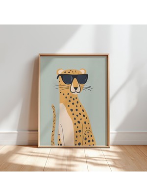 Ninastore Güneş Gözlüklü Leopar Temalı Havalı Dijital Duvar Sanatı, Çocuk Odası Posteri, Hayvan Illüstrasyonu,