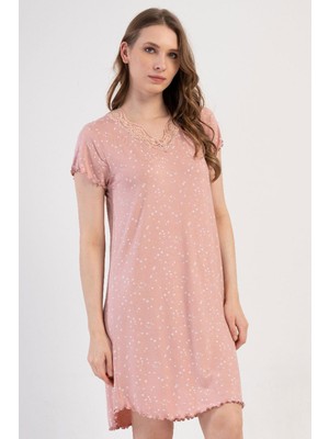 Vienetta Kadın Büyük Beden Kısa Kol Dantel Yaka Açık Pembe Tunik C6T8N2904