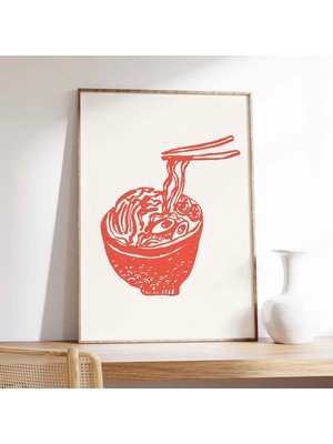 Ninastore Ramen Çizim Baskısı | Dijital Sanat Indirme | Kırmızı Mutfak Dekorasyonu | Retro Asya Eriştesi Sanat