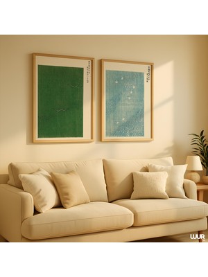 Ninastore Japon Duvar Sanatı 2'li Set - Yeşil ve Mavi Baskılı Dokulu Japon Sanat Eseri Modern Yazdırılabilir D