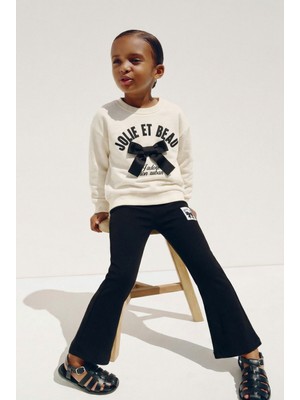 Magu Kız Çocuk Pamuklu Ekru Fiyonk Detaylı Sweatshirt ve Siyah Ispanyol Paça Tayt Takım