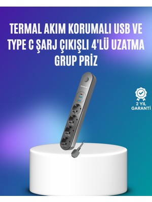 Teknodayım 4’lü Çoklu Priz 2 USB Type-C Girişli Akım Korumalı Siyah