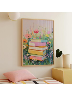 Ninastore Çiçekli Kitap Yığını Baskısı, Neşeli Okuma Sanatı, Dijital Indirme, Sevimli Kitap Sever Dekorasyonu,