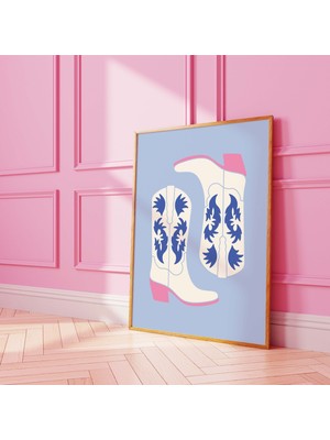 Ninastore Kovboy Çizmeleri Baskısı | Dijital Sanat Indirme | Pembe Mavi Batı Tarzı Baskı | Retro Duvar Sanatı
