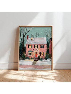 Ninastore Pembe Noel Evi Sanat Baskısı Şenlikli Kış Ev Dekorasyonu (Dijital Indirme)