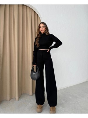 buğrahayalin Triko Siyah pantolon ve Parmak Geçmeli Kazak Ikili Takım