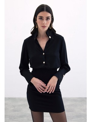 Sateen Siyah Çıt Çıt Detaylı Gömlek