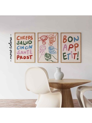 Ninastore "afiyet Olsun" Yazılı 3'lü Renkli Poster Seti, Minimalist Mutfak Bar Arabası Duvar Dekoru