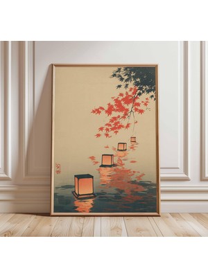 Ninastore Japon Feneri Posteri, Ahşap Baskı Tarzı Duvar Sanatı, Kırmızı Akçaağaç Yaprakları, Göl Baskısı, Vint
