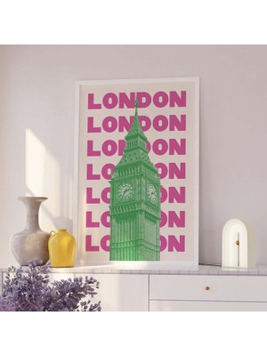 Ninastore Londra Seyahat Baskısı | Dijital Sanat Indirme | Pembe Yeşil Londra Ingiltere Big Ben Seyahat Sergis