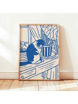Ninastore Retro Kedi Çizgisi Baskılı Mavi Vintage Natürmort Poster Matisse Duvar Sanatı Dekorasyonu