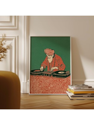 Ninastore Sikh Dj Ahşap Baskı Tarzı Poster Ahşap Baskı Tarzı Kırmızı Yeşil Illüstrasyon
