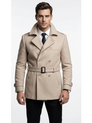 Plus Scorpion  Erkek Kemerli Trençkot  Mont– Kaşe Kumaş, Kapitone Astarlı, Çift Düğmeli Premium Tasarım