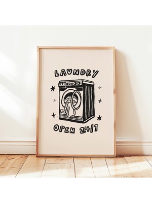 Ninastore Laundry 24/7 Baskılı Retro Çamaşırhane Posteri Eğlenceli Çamaşırhane Duvar Dekoru Çerçevesiz