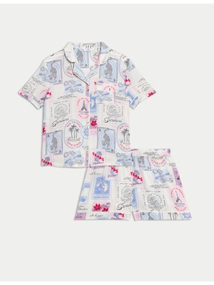 Marks & Spencer Satin World Travel Revere Pijama Takımı (3-16 Yaş)