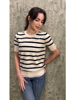 Leilaa Bisiklet Yaka Çizgili Triko Kazak