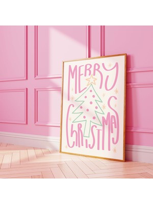 Ninastore Pastel Renklerde Mutlu Noel Baskısı | Dijital Sanat Indirme | Sevimli Pembe Noel Dekorasyonu | Boho