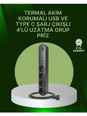 Teknodayım 4 Priz 2 USB 1 Type-C Akım Korumalı Çoklu Priz LED Anahtarlı