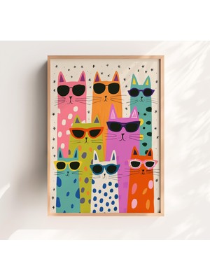 Ninastore Renkli Kediler Sanat Baskısı: Komik Çocuk Odası Oyun Odası Dekorasyonu (Dijital Indirme)