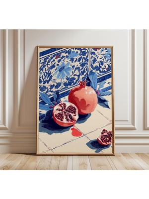 Ninastore Akdeniz Natürmort Baskısı, Trabzon Hurması ve Nar Duvar Sanatı, Mavi Fayans Mutfak Dekorasyonu, Mode
