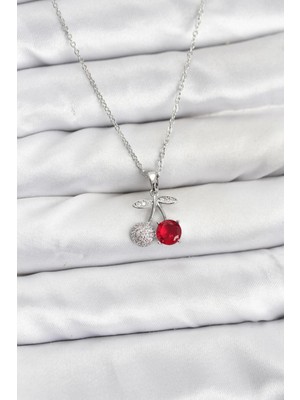 Butik 316L Çelik Zincir Gümüş Renk Kiraz Model Zirkon Taşlı Kadın Kolye