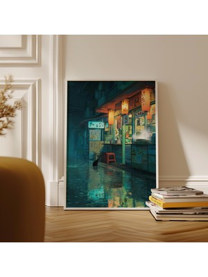 Ninastore Tokyo Yağmurlu Sokak Sanatı Posteri Japon Gece Şehri Sokak Manzarası Dekorasyonu
