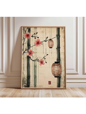 Ninastore Japon Bambu ve Fener Posteri Kiraz Çiçeği Duvar Sanatı Baskısı Wabi Sabi Asya Dekorasyonu Zen Minima