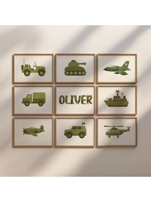 Ninastore Askeri Araç Temalı Çocuk Odası Sanat Baskıları: Kamuflaj Dekor, Özel Isim Seçeneği (9'lu Dijital Ind