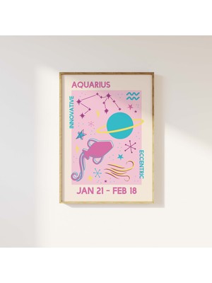 Ninastore Kova Burcu Baskısı | Dijital Sanat Indirme | Trend Astroloji Posteri | Pembe Retro Duvar Sanatı | Bu