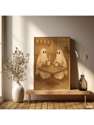 Ninastore Vintage Hayalet Kahve Sanat Baskısı Sepya Cadılar Bayramı Kafe Posteri Rahat ve Ürkütücü Yazdırılabi
