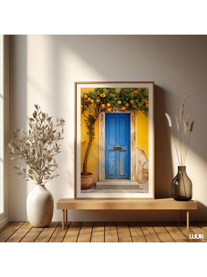Ninastore Boho Duvar Sanatı Mavi Kapı ve Limon Ağacı Manzara Posteri Rahatlatıcı Sarı Duvar Dekoru Dijital Bas