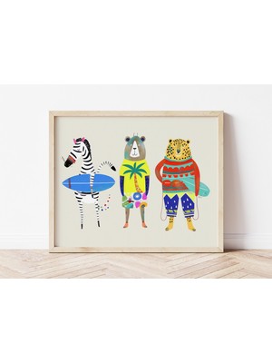 Ninastore Sörfçü Hayvanlar Temalı Çocuk Odası Baskısı: Tropikal Plaj Sanatı (Dijital Indirme)