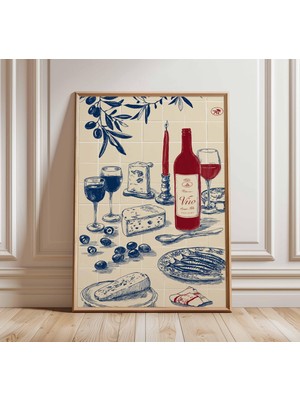 Ninastore Şarap ve Peynir Posteri, Vintage Mutfak Duvar Sanatı Baskısı, Akdeniz Yemekleri Illüstrasyonu, Rusti
