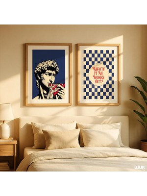 Ninastore Mavi Duvar Sanatı Seti (2 Parça) Modern Soyut Duvar Sanatı Baskıları Retro Kareli Alıntı Poster Seti