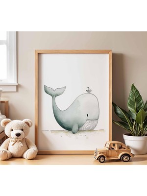 Ninastore Bebek Balina Temalı Çocuk Odası Posteri, Okyanus Hayvanları Baskılı Bebek Odası Posteri, Çocuk Yatak