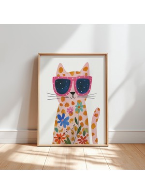 Ninastore Çocuk Odası Için Şık Kedi Duvar Sanatı Baskısı Dijital Poster Gözlüklü Sevimli Hayvan Illüstrasyonu